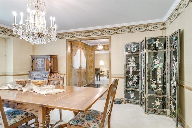2532 Lancaster Ln, Oklahoma City, OK 73116 - dining area featuring a chandelier, ornamental molding, and carpet