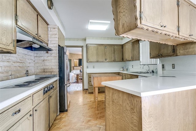 2532 Lancaster Ln, Oklahoma City, OK 73116 - kitchen featuring under cabinet range hood, stainless steel appliances, light countertops, and a peninsula