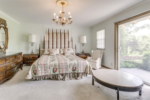 2532 Lancaster Ln, Oklahoma City, OK 73116 - bedroom with a chandelier, crown molding, carpet flooring, and access to outside
