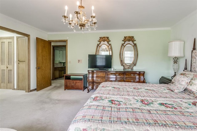 2532 Lancaster Ln, Oklahoma City, OK 73116 - bedroom featuring a chandelier, light carpet, and ornamental molding