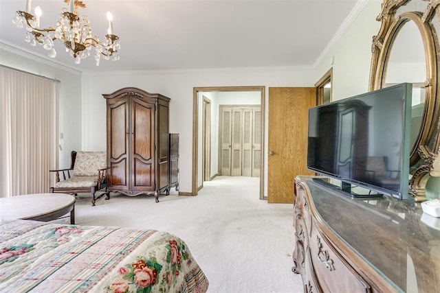 2532 Lancaster Ln, Oklahoma City, OK 73116 - bedroom featuring light colored carpet, a chandelier, and crown molding