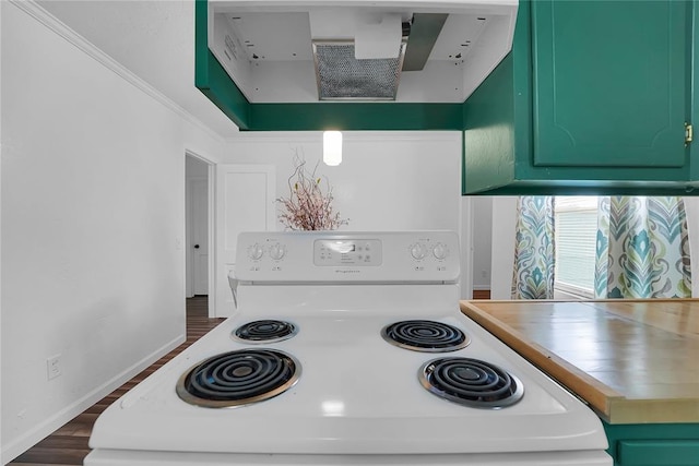 615 N Lowe, Hobart, OK 73651 - kitchen featuring electric stove, ventilation hood, and dark wood-type flooring