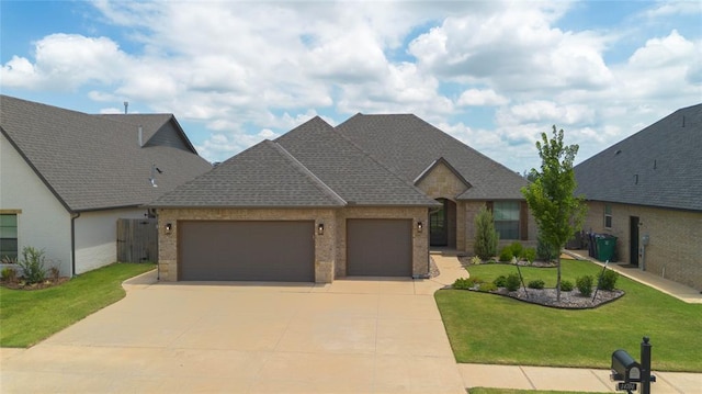 14704 Ashore Dr, Oklahoma City, OK 73142 - view of front of house featuring brick siding, an attached garage, driveway, a front yard, and a shingled roof