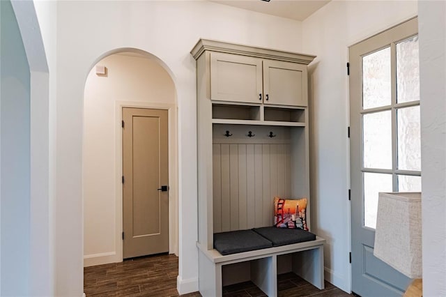 14704 Ashore Dr, Oklahoma City, OK 73142 - mudroom featuring dark wood-style flooring, plenty of natural light, and arched walkways