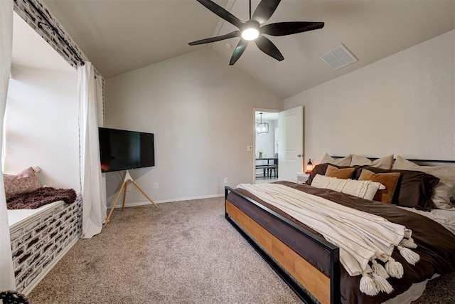4155 NW Terrace Hills Rd, Piedmont, OK 73078 - bedroom featuring carpet floors, vaulted ceiling, and ceiling fan