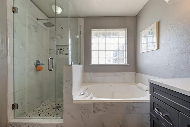4155 NW Terrace Hills Rd, Piedmont, OK 73078 - full bathroom featuring a bath, a marble finish shower, and vanity