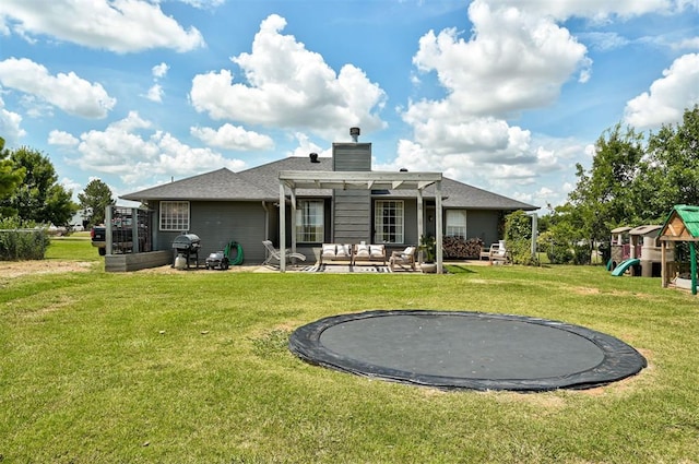 4155 NW Terrace Hills Rd, Piedmont, OK 73078 - rear view of property featuring a trampoline, a pergola, outdoor lounge area, a chimney, and a playground