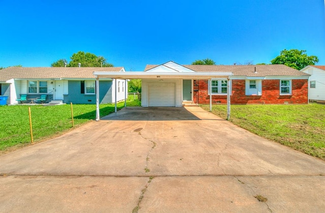 6609 SE 15th St, Oklahoma City, OK 73110 - ranch-style home with a garage, concrete driveway, a front lawn, and brick siding