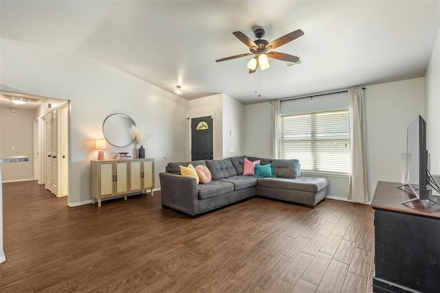 12281 SW 11th St, Yukon, OK 73099 - living area featuring ceiling fan, dark wood finished floors, and lofted ceiling