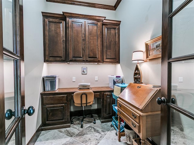 17401 Melville Ln, Edmond, OK 73012 - office with ornamental molding and built in desk