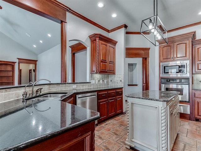 1217 Camelot Dr, Yukon, OK 73099 - kitchen with tasteful backsplash, appliances with stainless steel finishes, crown molding, dark stone counters, and recessed lighting