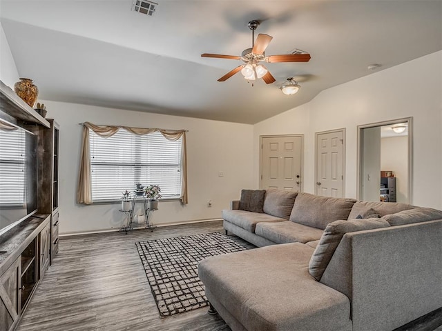 623 SW 37th St, Moore, OK 73160 - living area featuring ceiling fan, vaulted ceiling, and wood finished floors
