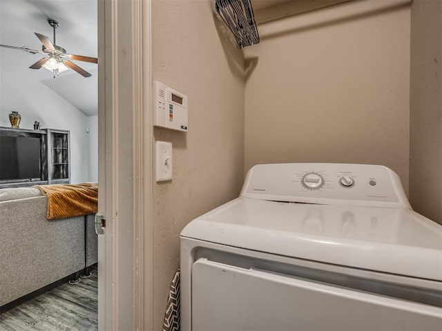 623 SW 37th St, Moore, OK 73160 - washroom featuring washer / clothes dryer, ceiling fan, and wood finished floors