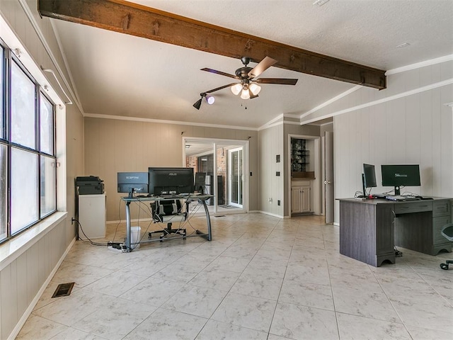 6105 W Gun Hill Way, Warr Acres, OK 73132 - office with beam ceiling, a ceiling fan, crown molding, and wood walls