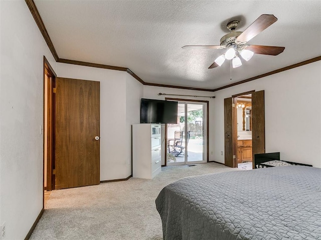 6105 W Gun Hill Way, Warr Acres, OK 73132 - bedroom with access to exterior, ornamental molding, light carpet, a textured ceiling, and ceiling fan