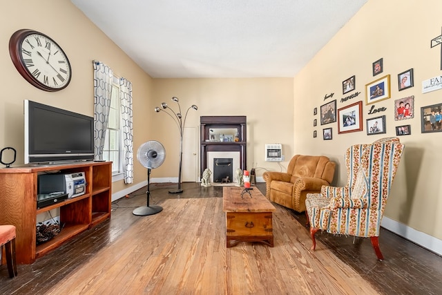 508 Newton Ave, Ozark, AL 36360 - living area featuring heating unit, wood-type flooring, baseboards, and a fireplace