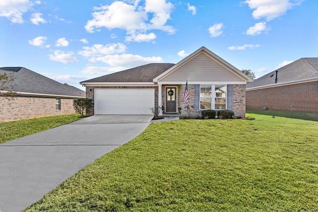 ranch-style home with a front lawn and a garage