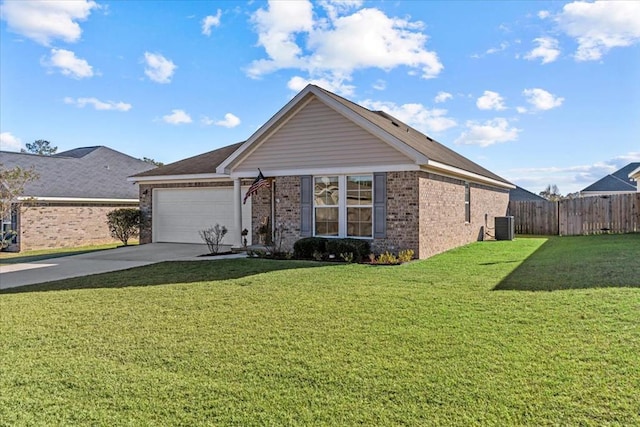 view of front facade with a garage, a front lawn, and central air condition unit