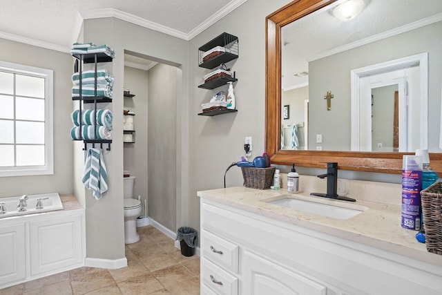 bathroom featuring baseboards, a bath, toilet, and crown molding