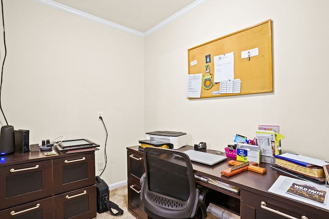 home office featuring light carpet, baseboards, and crown molding