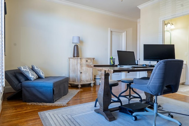 office with dark hardwood / wood-style flooring and ornamental molding