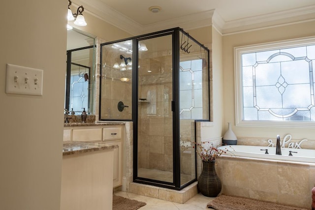 bathroom with tile patterned floors, vanity, ornamental molding, and shower with separate bathtub