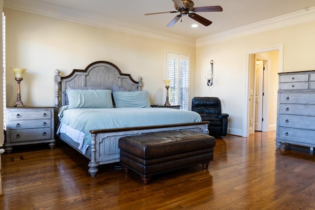 bedroom with ceiling fan, crown molding, and dark wood-type flooring