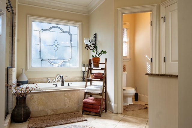 bathroom featuring tile patterned floors, plenty of natural light, ornamental molding, and tiled tub