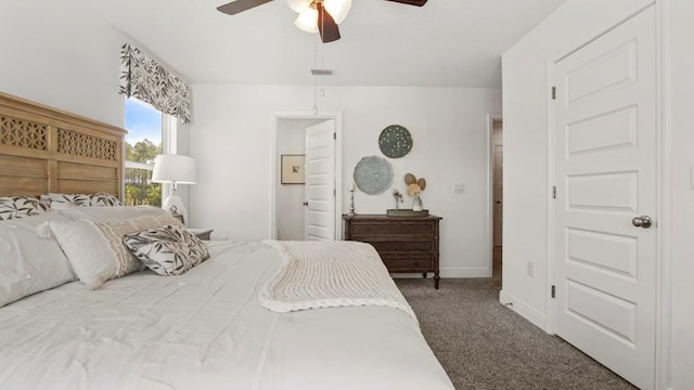 bedroom featuring carpet floors, a ceiling fan, baseboards, and visible vents
