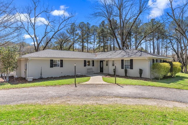ranch-style house featuring driveway and a front yard