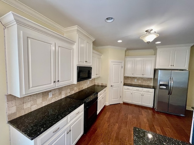114 Brattleboro Ct, Dothan, AL 36301 - kitchen featuring black appliances, dark wood-type flooring, white cabinets, recessed lighting, and backsplash