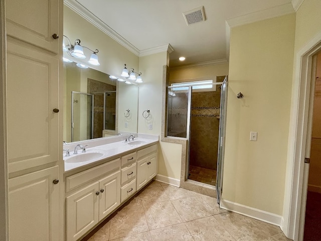 114 Brattleboro Ct, Dothan, AL 36301 - bathroom featuring crown molding, a shower stall, double vanity, tile patterned flooring, and baseboards
