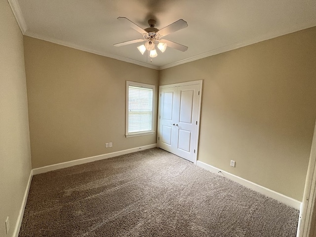 114 Brattleboro Ct, Dothan, AL 36301 - unfurnished bedroom with ornamental molding, carpet, baseboards, a closet, and ceiling fan