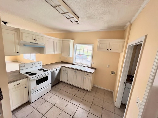 kitchen with stainless steel dishwasher, ornamental molding, sink, electric stove, and light tile patterned flooring