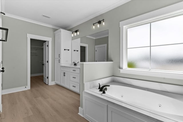 195 County Road 711, Enterprise, AL 36330 - full bath featuring crown molding, wood finished floors, vanity, a jetted tub, and a spacious closet