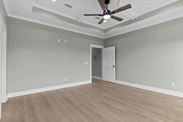 195 County Road 711, Enterprise, AL 36330 - spare room featuring ceiling fan, light wood-style flooring, coffered ceiling, beamed ceiling, and baseboards