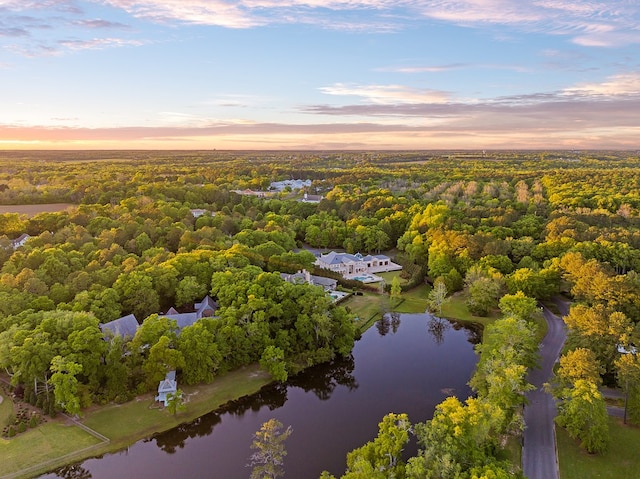 aerial view at dusk with a water view