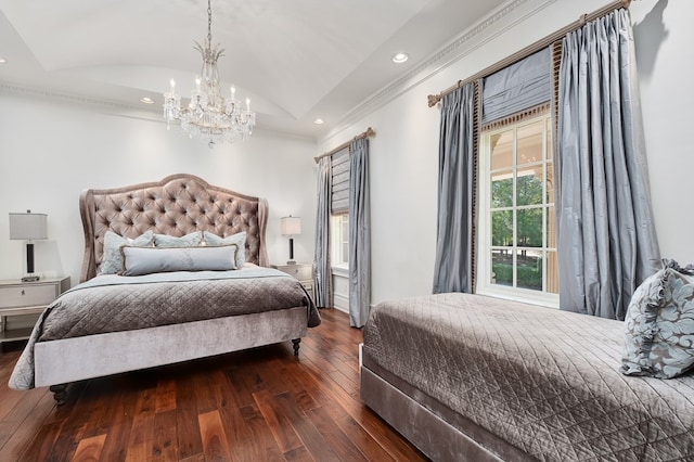 bedroom featuring ornamental molding, vaulted ceiling, dark wood-type flooring, and a notable chandelier