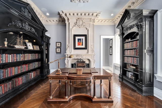 home office with dark parquet flooring and crown molding