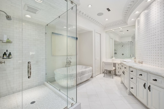 bathroom featuring tile patterned flooring, vanity, a shower with door, and crown molding