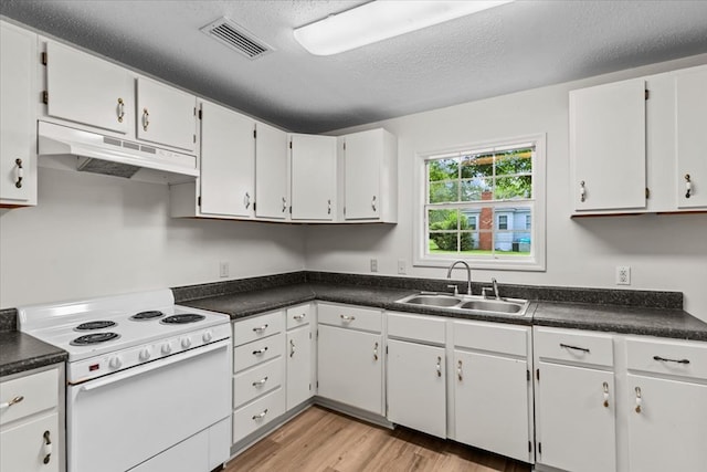 618 Langley Dr, Dothan, AL 36301 - kitchen featuring white range with electric stovetop, a sink, under cabinet range hood, light wood-style floors, and a textured ceiling