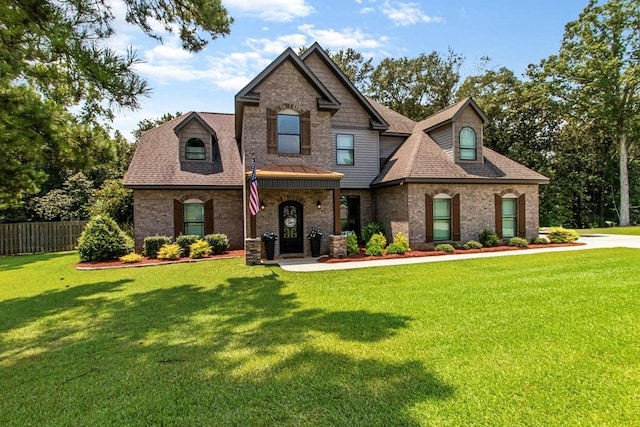 view of front facade with brick siding, roof with shingles, a front yard, and fence