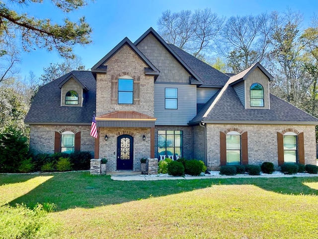 view of front of home with brick siding, a shingled roof, and a front lawn