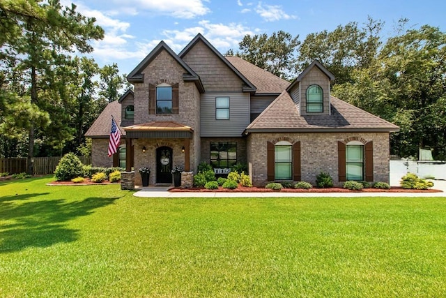 craftsman-style house featuring a front yard, fence, brick siding, and a shingled roof
