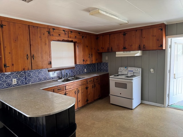 kitchen featuring a sink, light floors, brown cabinets, white electric range, and under cabinet range hood