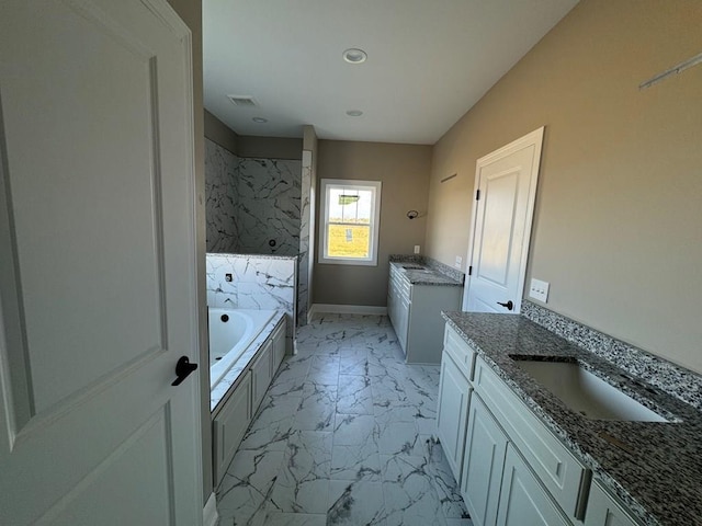 bathroom featuring vanity and plus walk in shower