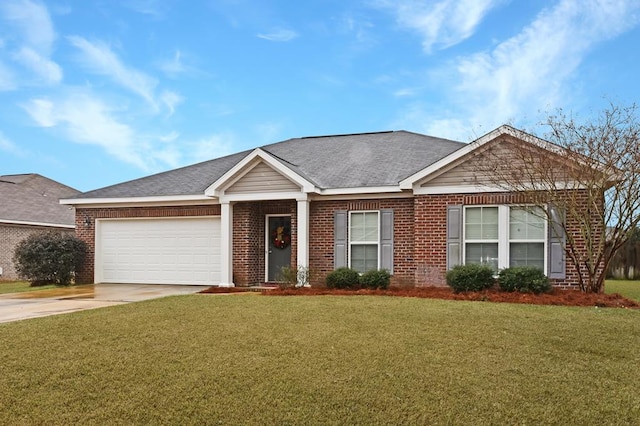 ranch-style home with a front yard and a garage