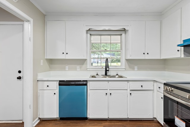 139 Merrydell Dr, Ozark, AL 36360 - kitchen featuring dishwasher, stainless steel electric range oven, dark wood-style floors, and white cabinets
