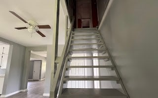 stairway featuring ceiling fan