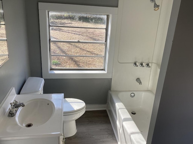 bathroom featuring wood-type flooring, toilet, and vanity